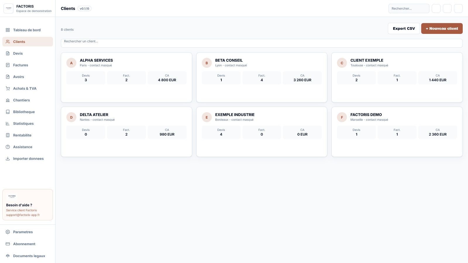 Capture de la liste clients Factoris